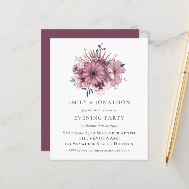 Budget Purple Florals Wedding Evening Party Invite (Front/Back In Situ)