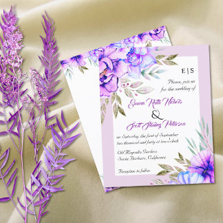 BUDGET purple flowers floral wedding invitation