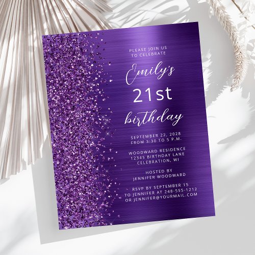 Budget Purple Glam Glitter 21st Birthday Invite