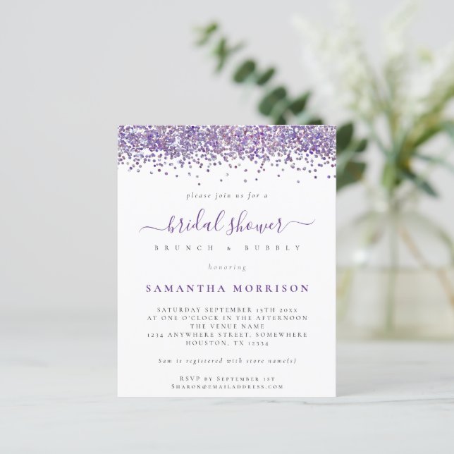 Budget Purple Glitter Bridal Shower Invitation (Standing Front)