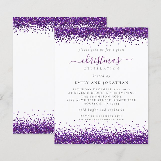 Budget Purple Glitter Christmas Party White Invite (Front/Back)