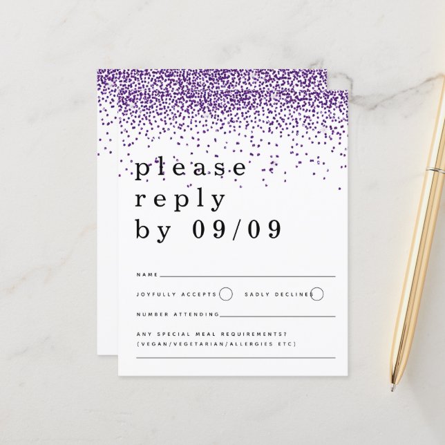 Budget Purple Glitter Confetti Wedding RSVP (Front/Back In Situ)