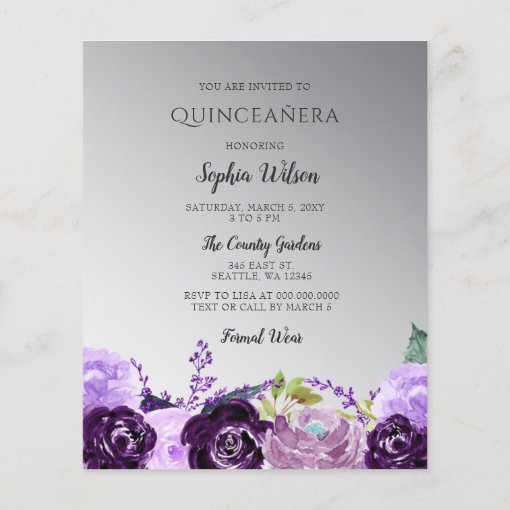 Budget Purple Glitter Dress Quinceañera Invitation | Zazzle