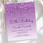 Budget Purple Glitter Drip 30th Birthday Invite<br><div class="desc">This trendy 30th birthday party invitation features a sparkly purple faux glitter drip border and purple ombre background. The words "30th Birthday" and the name of the guest of honor appear in casual purple handwriting script, with the rest of the customizable text in sans serif font. The same purple glitter...</div>