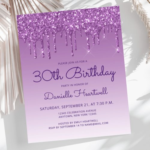 Budget Purple Glitter Drip 30th Birthday Invite