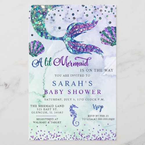 Budget Purple Glitter Mermaid Baby Shower Invite