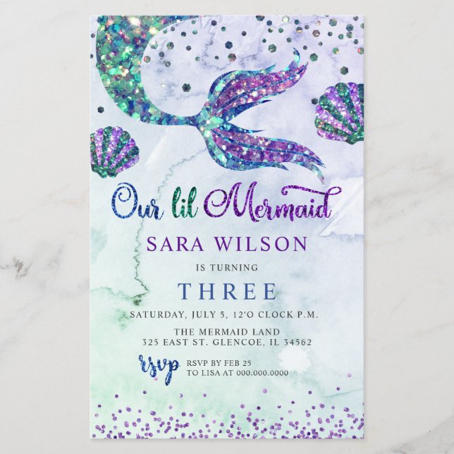 Budget Purple Glitter Mermaid Birthday Invitation (Front)