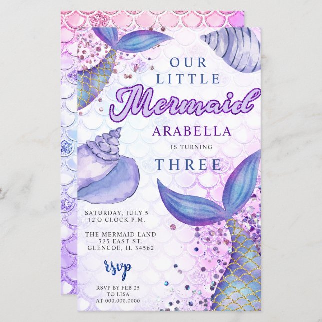 Budget Purple Glitter Mermaid Birthday Invitation (Front/Back)
