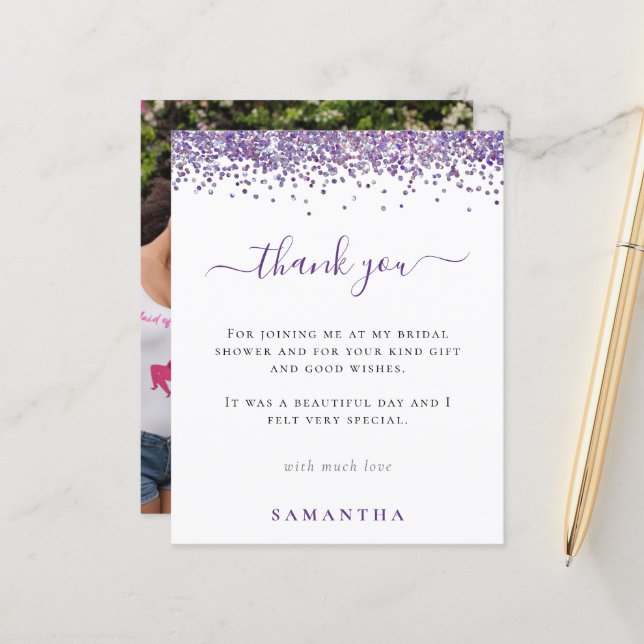 Budget Purple Glitter Photo Bridal Shower Thanks (Front/Back In Situ)