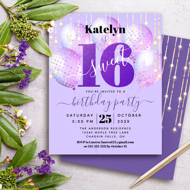 Budget Purple Glitter Sweet 16 Balloons Invitation