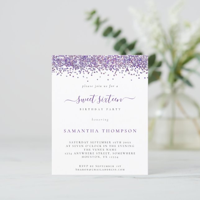 Budget Purple Glitter Sweet Sixteen Invitation (Standing Front)