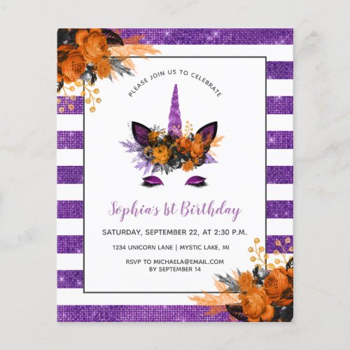 Budget Purple Glitter Unicorn Birthday Invitation