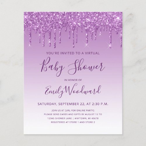 Budget Purple Glitter Virtual Baby Shower