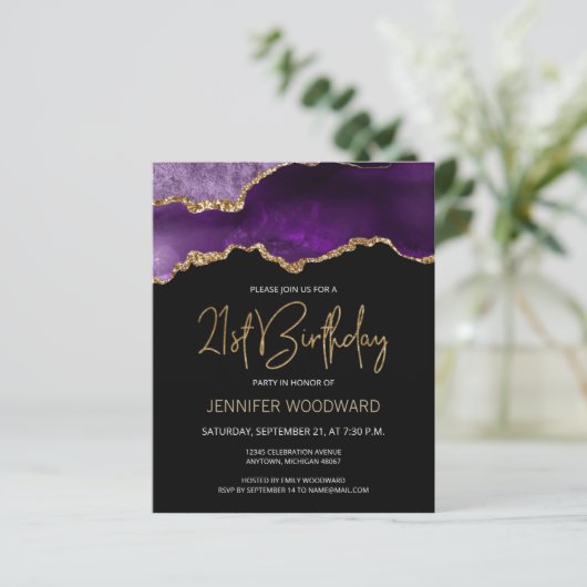 Budget Purple Gold Agate 21st Birthday Invitation (Standing Front)
