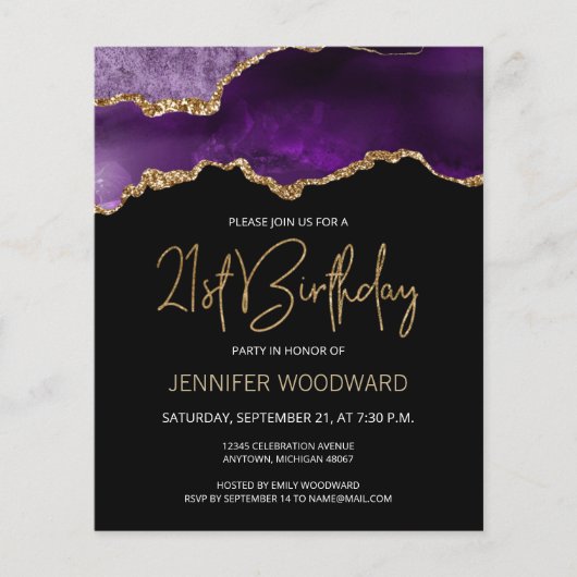 Budget Purple Gold Agate 21st Birthday Invitation (Front)
