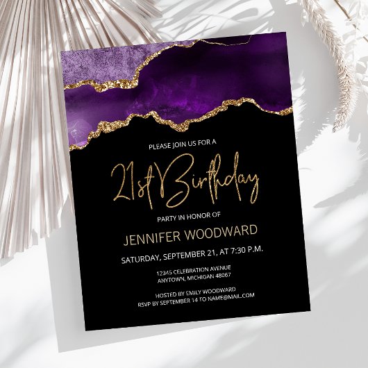 Budget Purple Gold Agate 21st Birthday Invitation