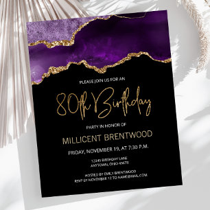 Budget Purple Gold Agate 80th Birthday Invitation