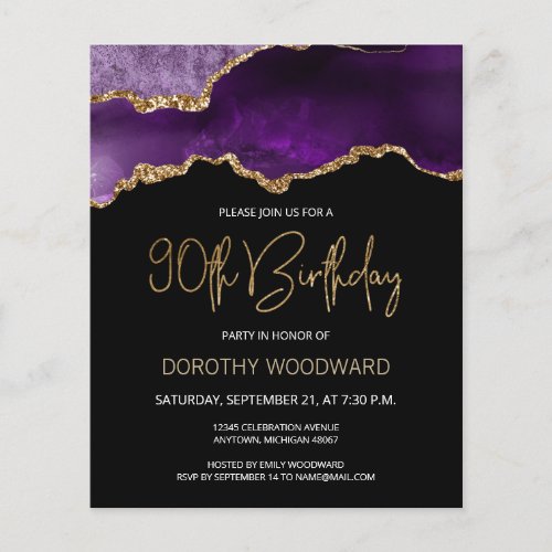 Budget Purple Gold Agate 90th Birthday Invitation