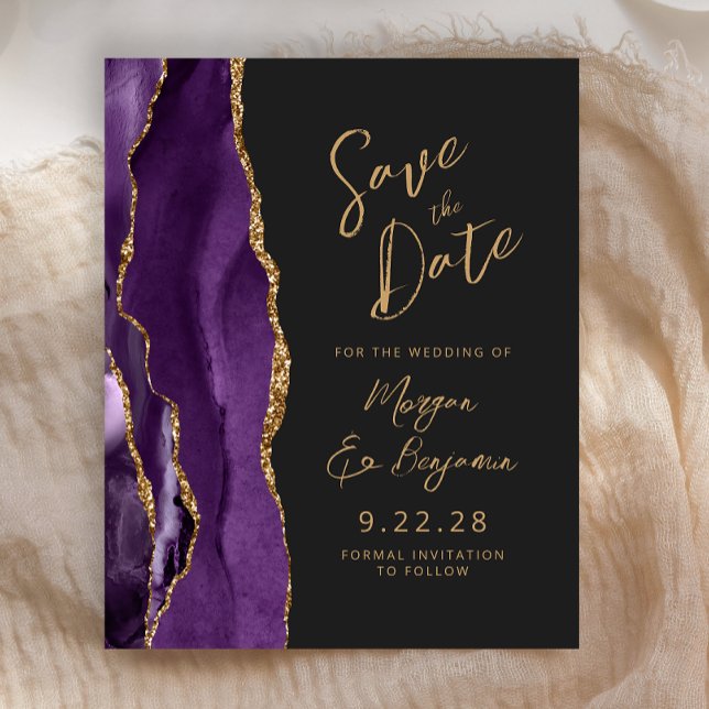 Budget Purple Gold Agate Dark Script Save the Date (Creator Uploaded)