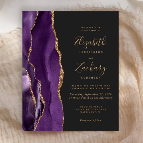 Budget Purple Gold Agate Dark Wedding Invitation