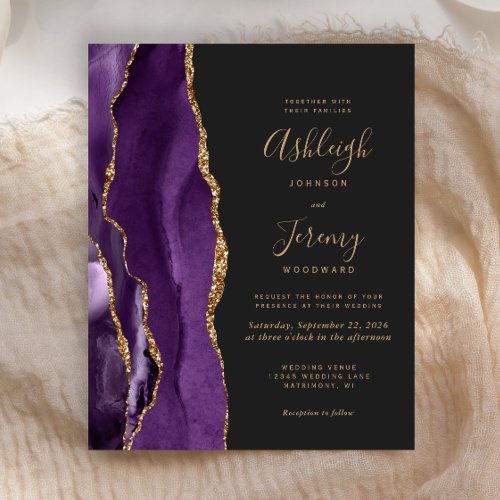 Budget Purple Gold Agate Dark Wedding Invitation