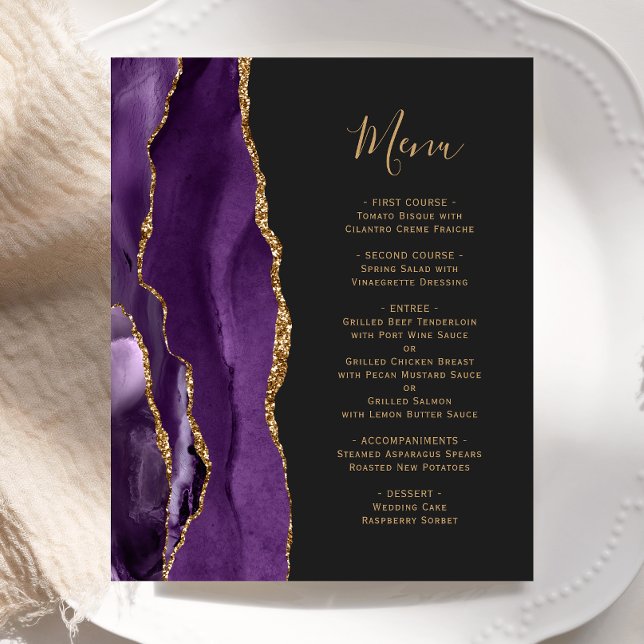 Budget Purple Gold Agate Dark Wedding Menu (Creator Uploaded)