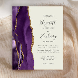 Budget Purple Gold Agate Ivory Wedding Invitation