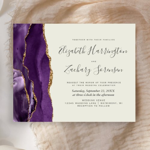 Budget Purple Gold Agate Ivory Wedding Invite
