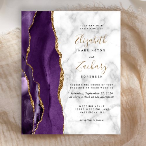 Budget Purple Gold Agate Marble Wedding Invitation