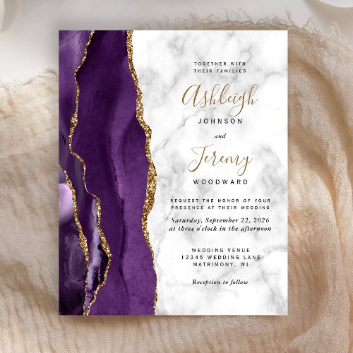 Budget Purple Gold Agate Marble Wedding Invitation