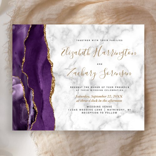 Budget Purple Gold Agate Marble Wedding Invitation