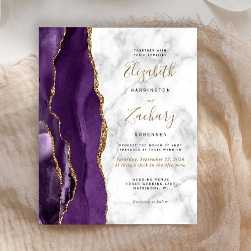 Budget Purple Gold Agate Marble Wedding Invite