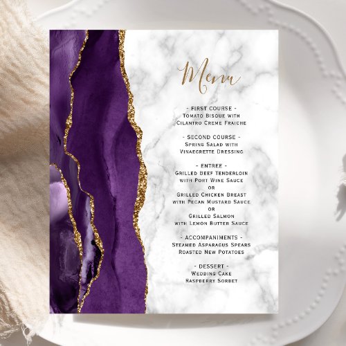 Budget Purple Gold Agate Marble Wedding Menu