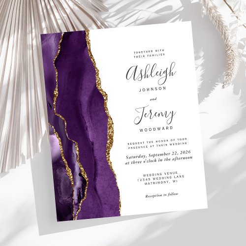 Budget Purple Gold Agate Modern Wedding Invitation