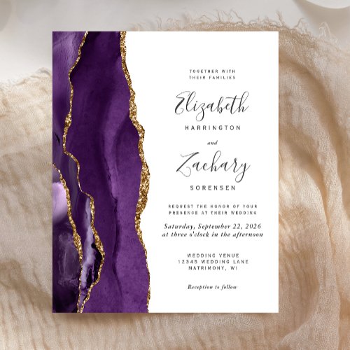 Budget Purple Gold Agate Modern Wedding Invitation