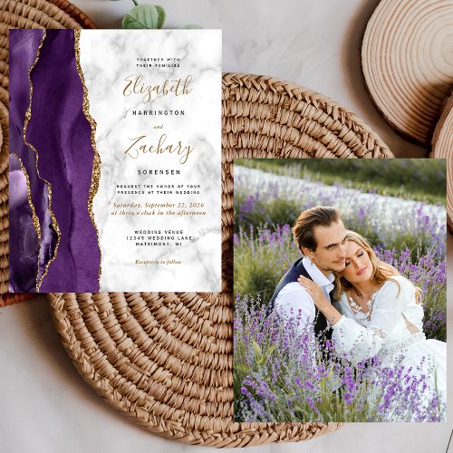 Budget Purple Gold Agate Photo Wedding Invite