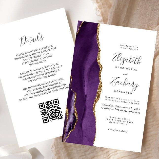 Budget Purple Gold Agate QR Code Wedding Invite (Creator Uploaded)