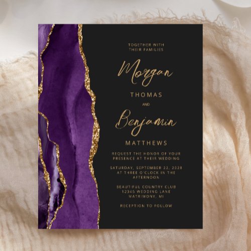 Budget Purple Gold Agate Script Wedding Invitation