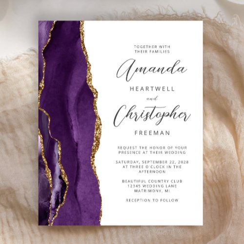 Budget Purple Gold Agate Script Wedding Invitation