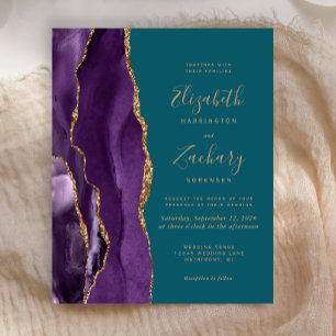 Budget Purple Gold Agate Teal Wedding Invite