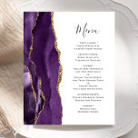Budget Purple Gold Agate Wedding Menu<br><div class="desc">The left-hand edge of this elegant modern wedding menu features a purple watercolor agate border trimmed with faux gold glitter. The customizable text combines charcoal gray handwriting script and copperplate fonts on a white background. The reverse side features a matching purple and gold agate design.</div>