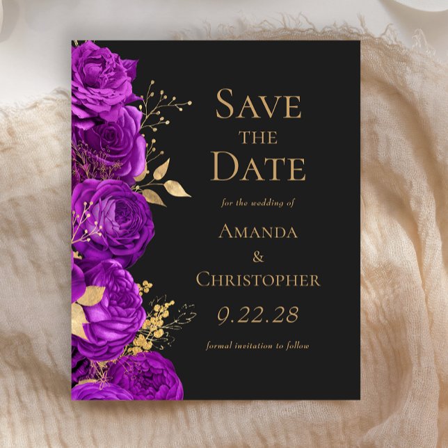 Budget Purple Gold Dark Floral Save the Date (Creator Uploaded)