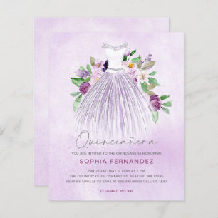 Budget Purple Gold Dress Quinceañera Invitation
