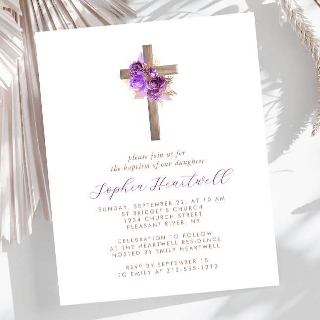 Budget Purple Gold Floral Cross Baptism Invite (Creator Uploaded)