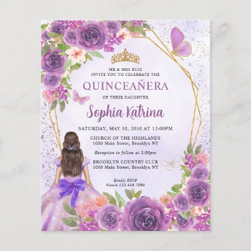 Budget Purple Gold Floral Princess Quinceaera