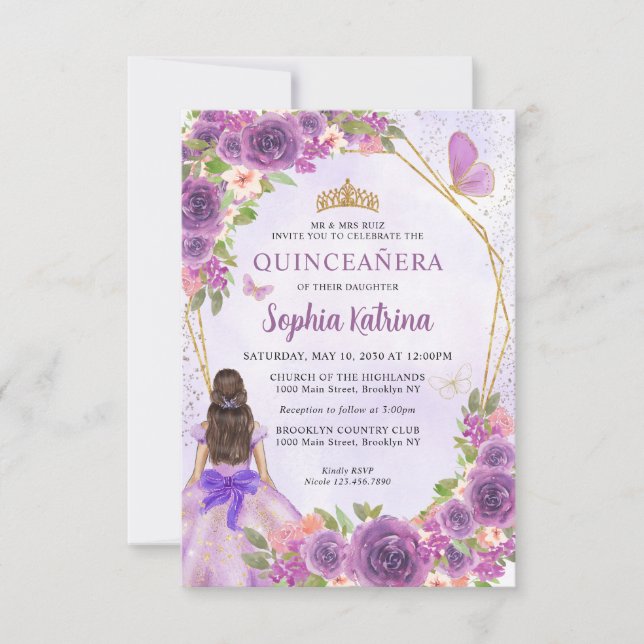 Budget Purple Gold Floral Princess Quinceañera Note Card (Front)