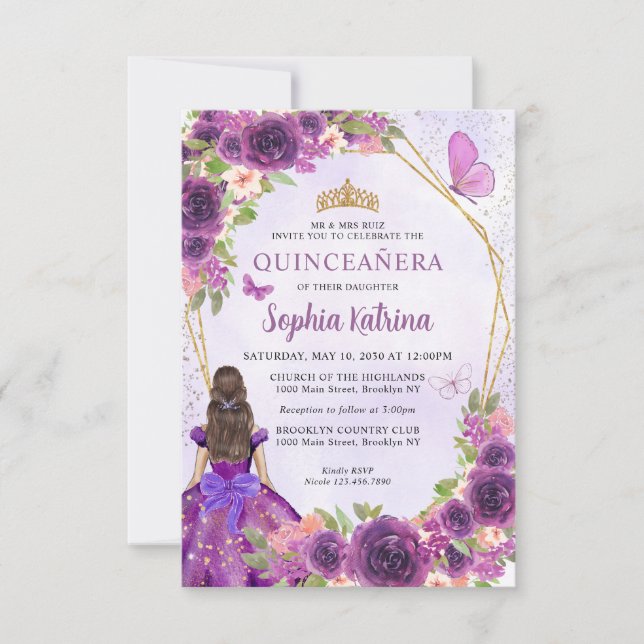 Budget Purple Gold Floral Princess Quinceañera Note Card (Front)