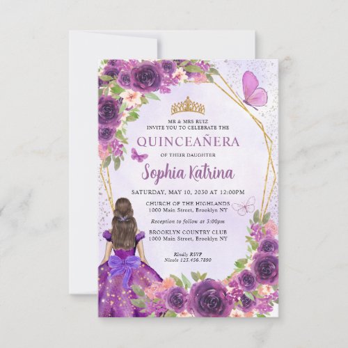 Budget Purple Gold Floral Princess Quinceaera Note Card