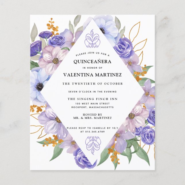 Budget Purple Gold Floral Quinceanera Invitation (Front)