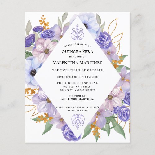 Budget Purple Gold Floral Quinceanera Invitation